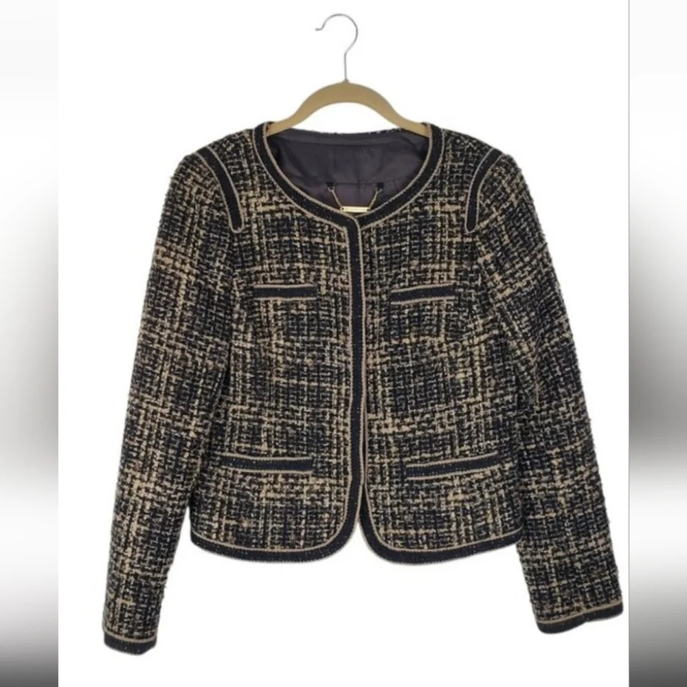 Trina Turk Black & Tan Tweed Boucle Blazer Classic Crew Neck Jacket Womens 8